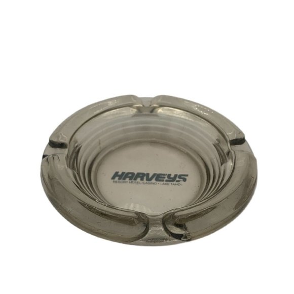 Vintage Harvey's Lake Tahoe Resort Hotel Casino Clear Glass Ashtray Blue Logo - Picture 2 of 5